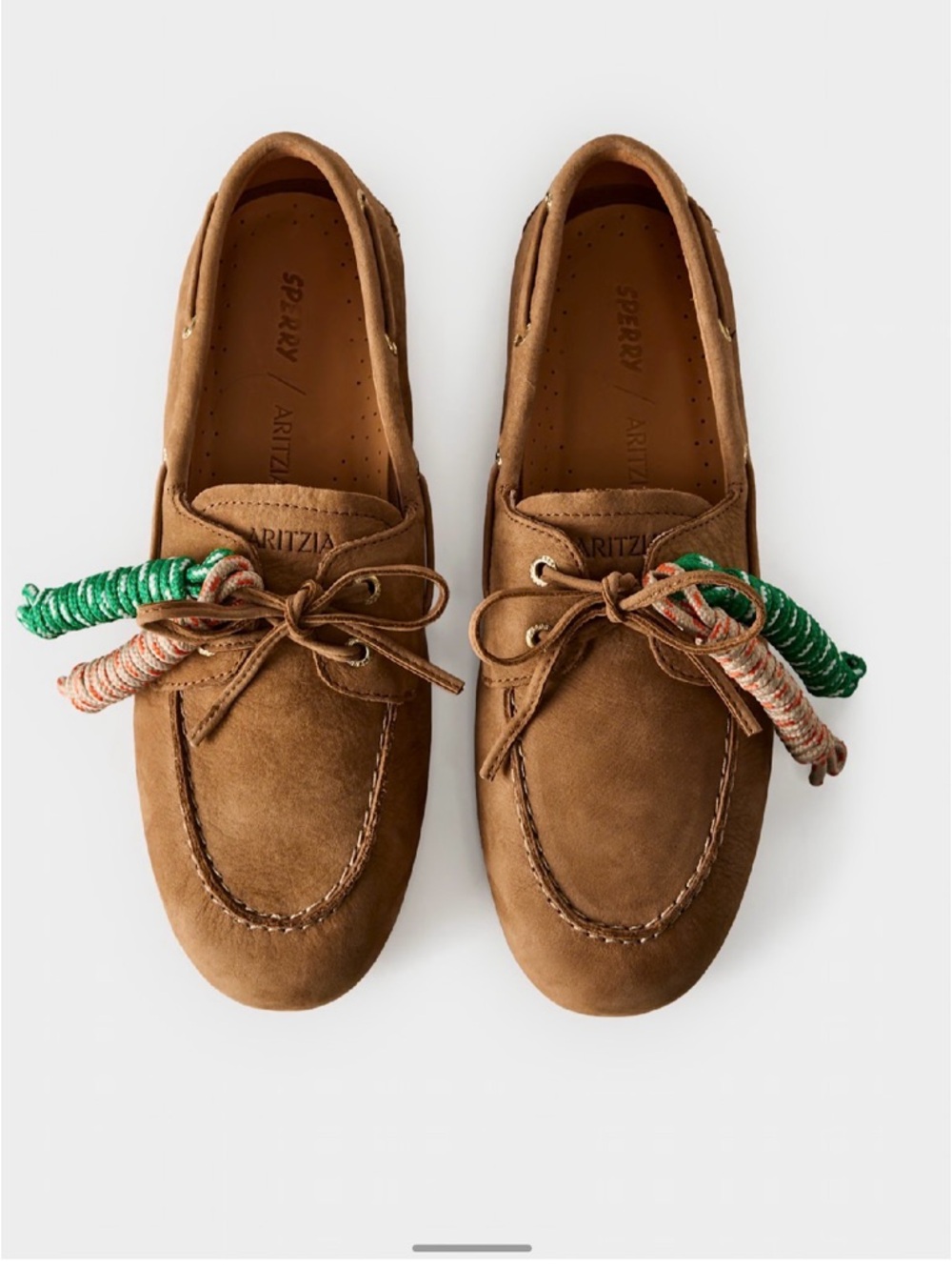 Aritzia Tan Suede Boat Loafers with Green & Multicolor Tassel Cords
